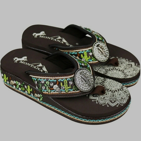 Aztec Cactus Flip Flops Womens Longhorn Steer Skull Brown S… - Picture 1 of 17